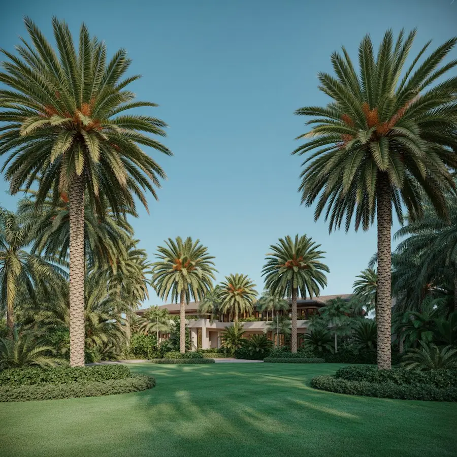 Beautifully maintained palm trees and landscape after professional tree service in Florida.
