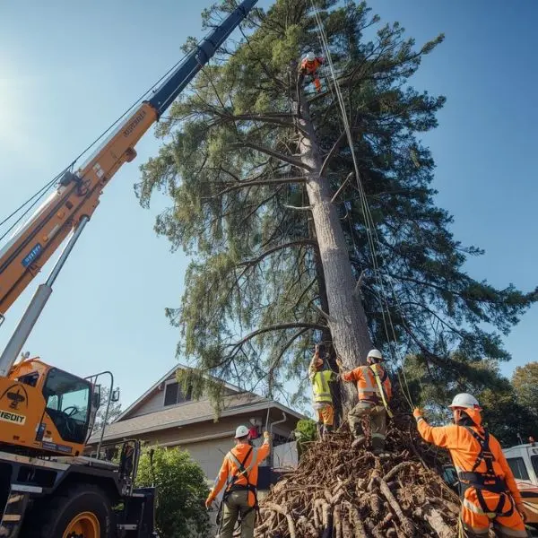 Safe and efficient large tree removal service near a residential home.
