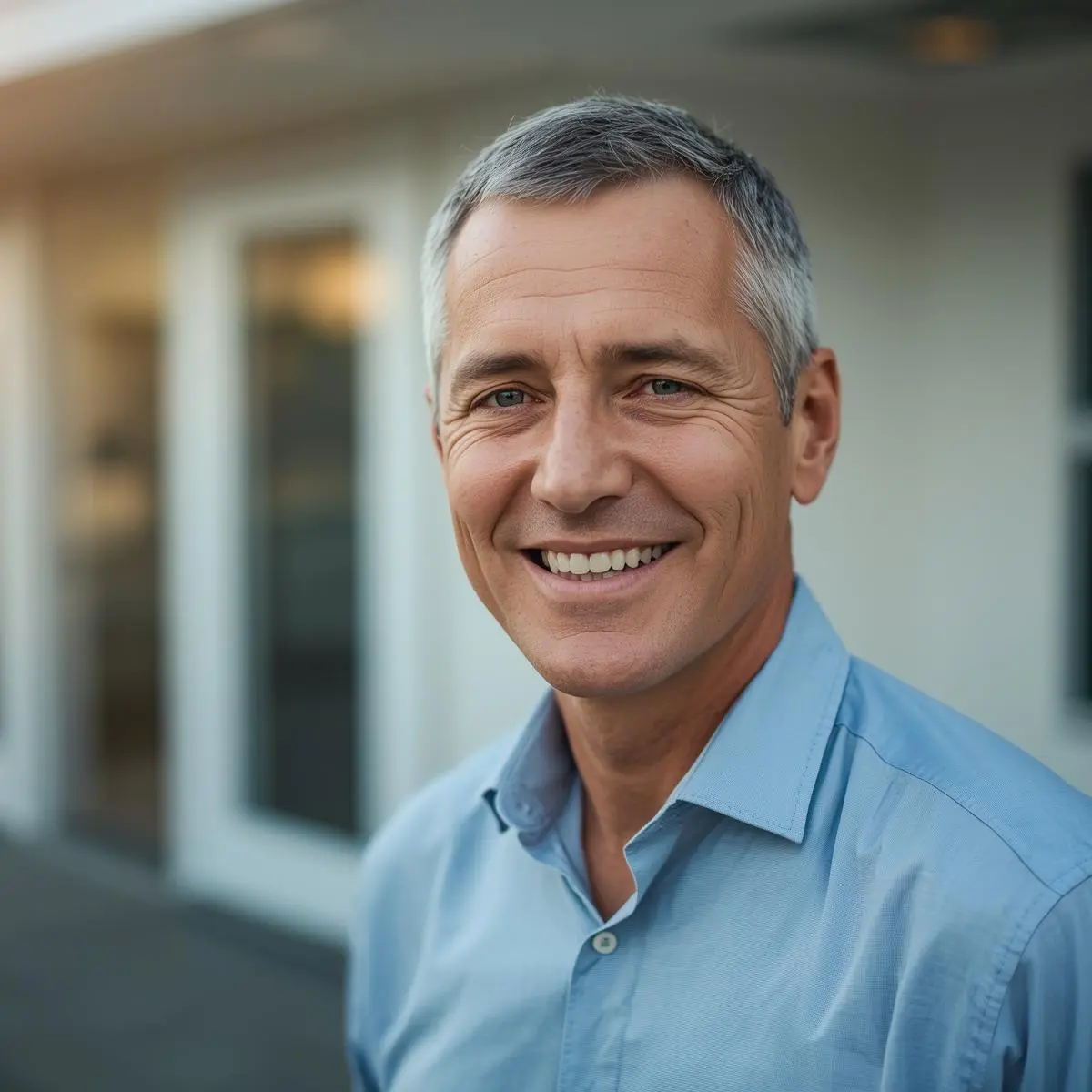 Home Satisfied male customer smiling after receiving excellent tree services.
