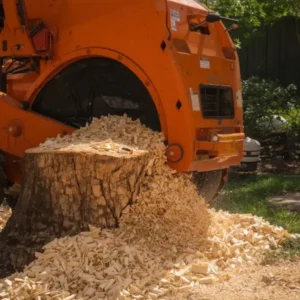 Professional stump grinding machine removing a tree stump from a front yard.