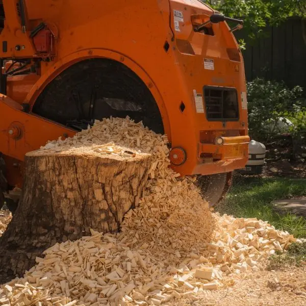 Professional stump grinding machine removing a tree stump from a front yard.