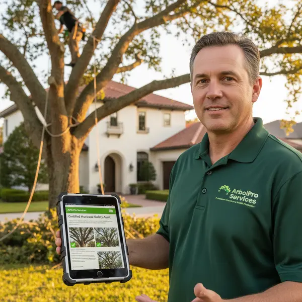 Professional performing a Hurricane Tree Safety Audit in Palm Beach County