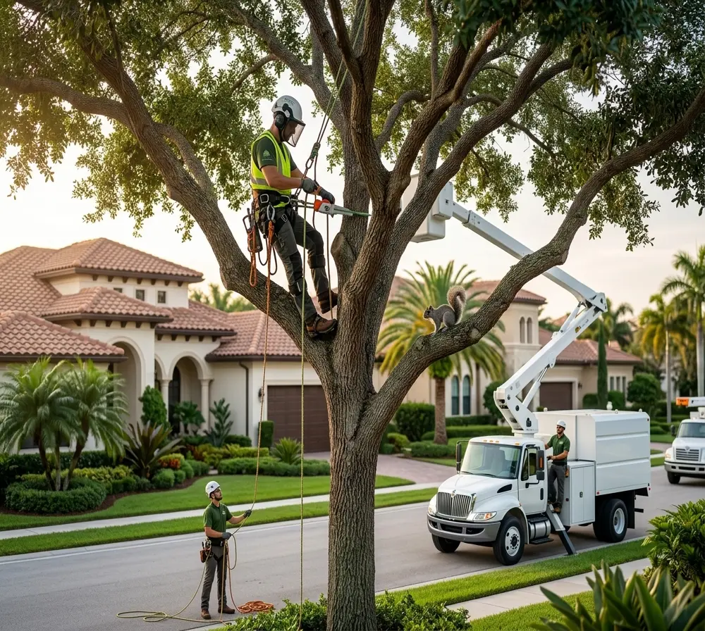 Commercial arborist maintenance crew working in South Florida property