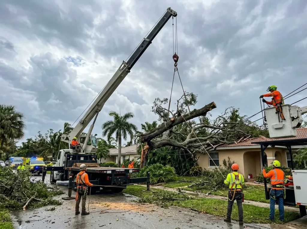 Emergency tree removal equipment operating in South Florida storm response