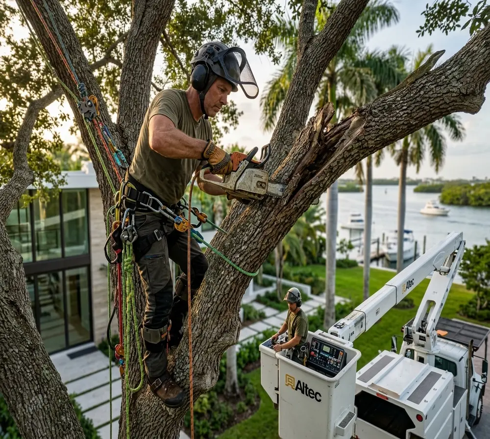 Professional arborist performing hazardous tree removal in South Florida