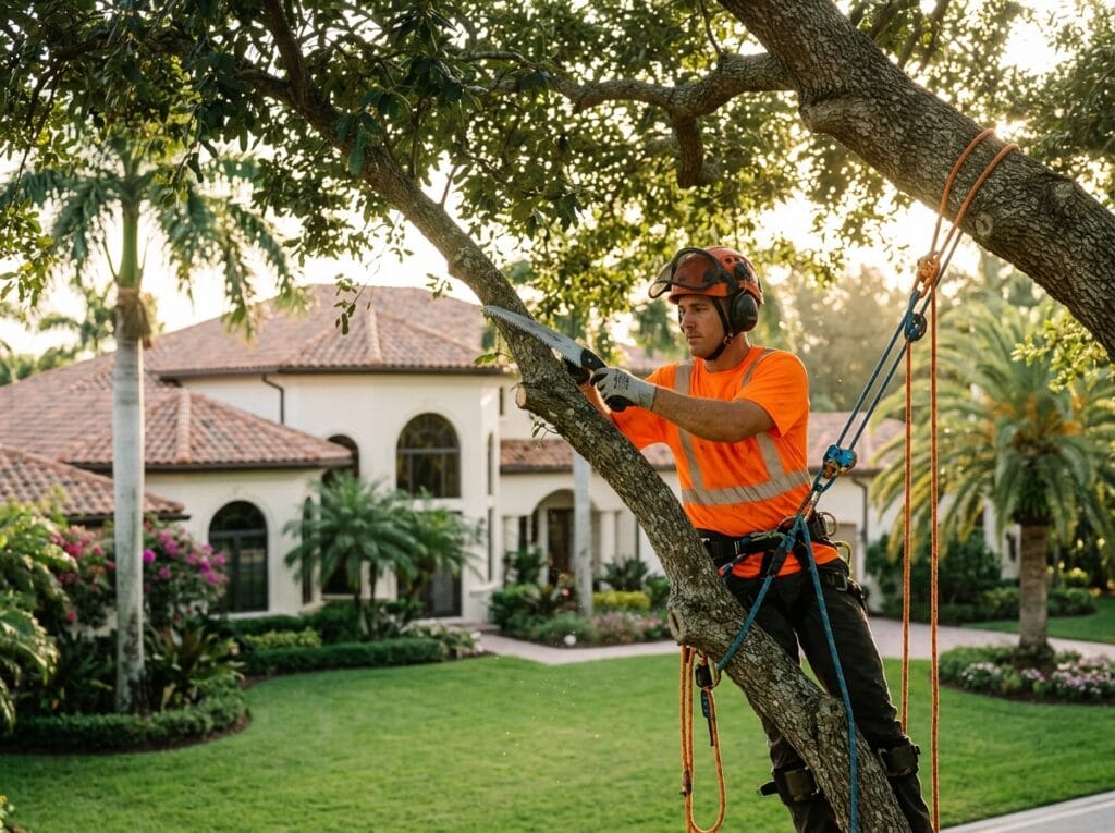 Professional arborist pruning mature trees in South Florida residential property