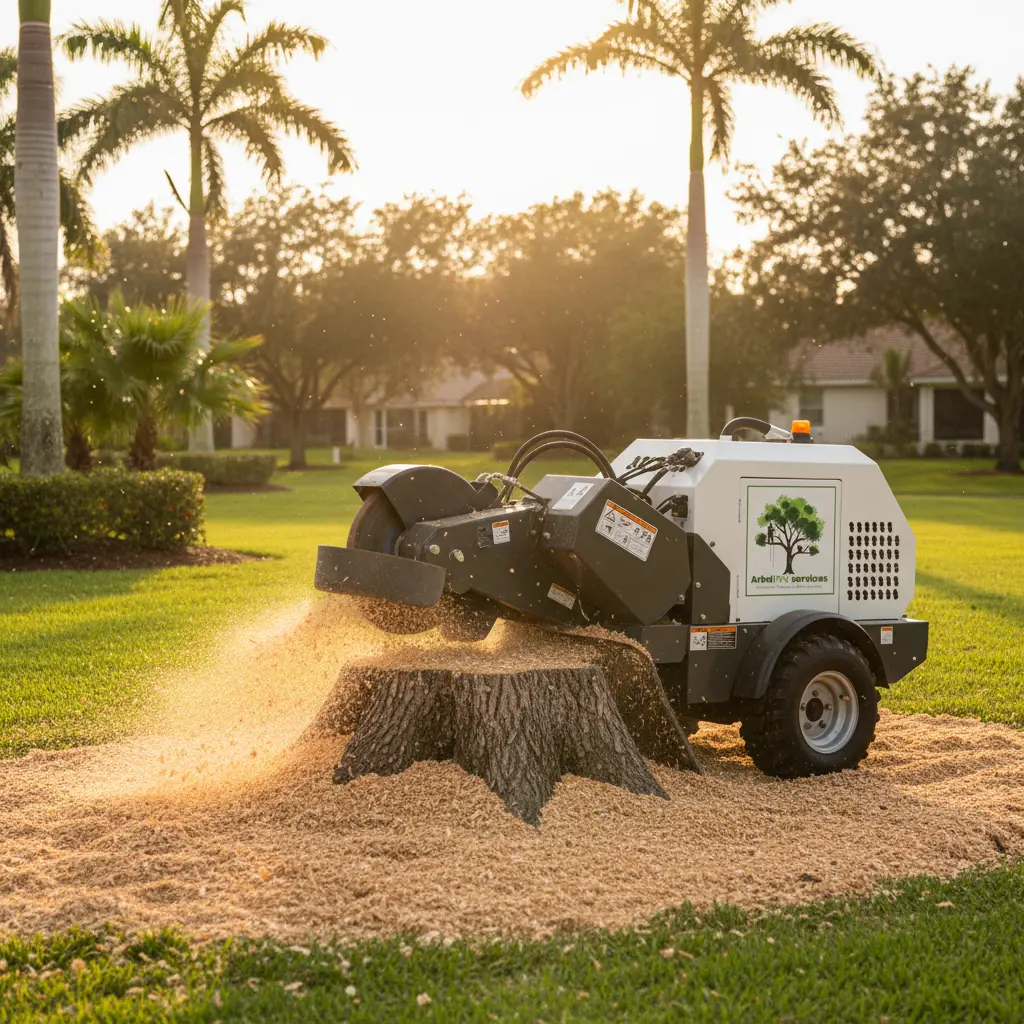 Professional stump grinding equipment used in South Florida residential property