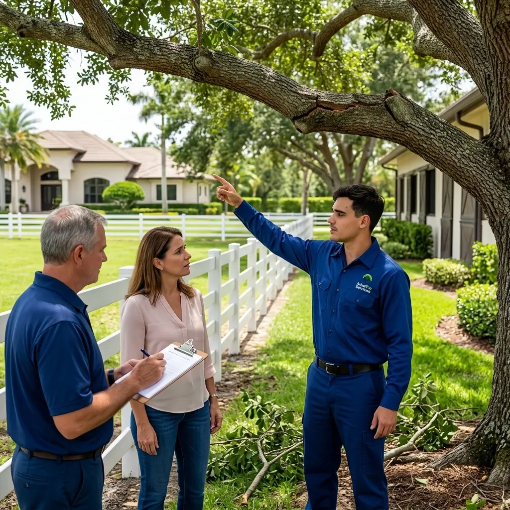 Emergency tree service crew assessing fallen tree Wellington FL equestrian estate