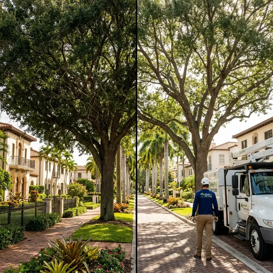 Pre-hurricane live oak canopy thinning El Cid historic district West Palm Beach FL