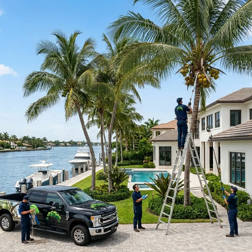 Coconut palm tree maintenance before hurricane season in Palm Beach County Florida.