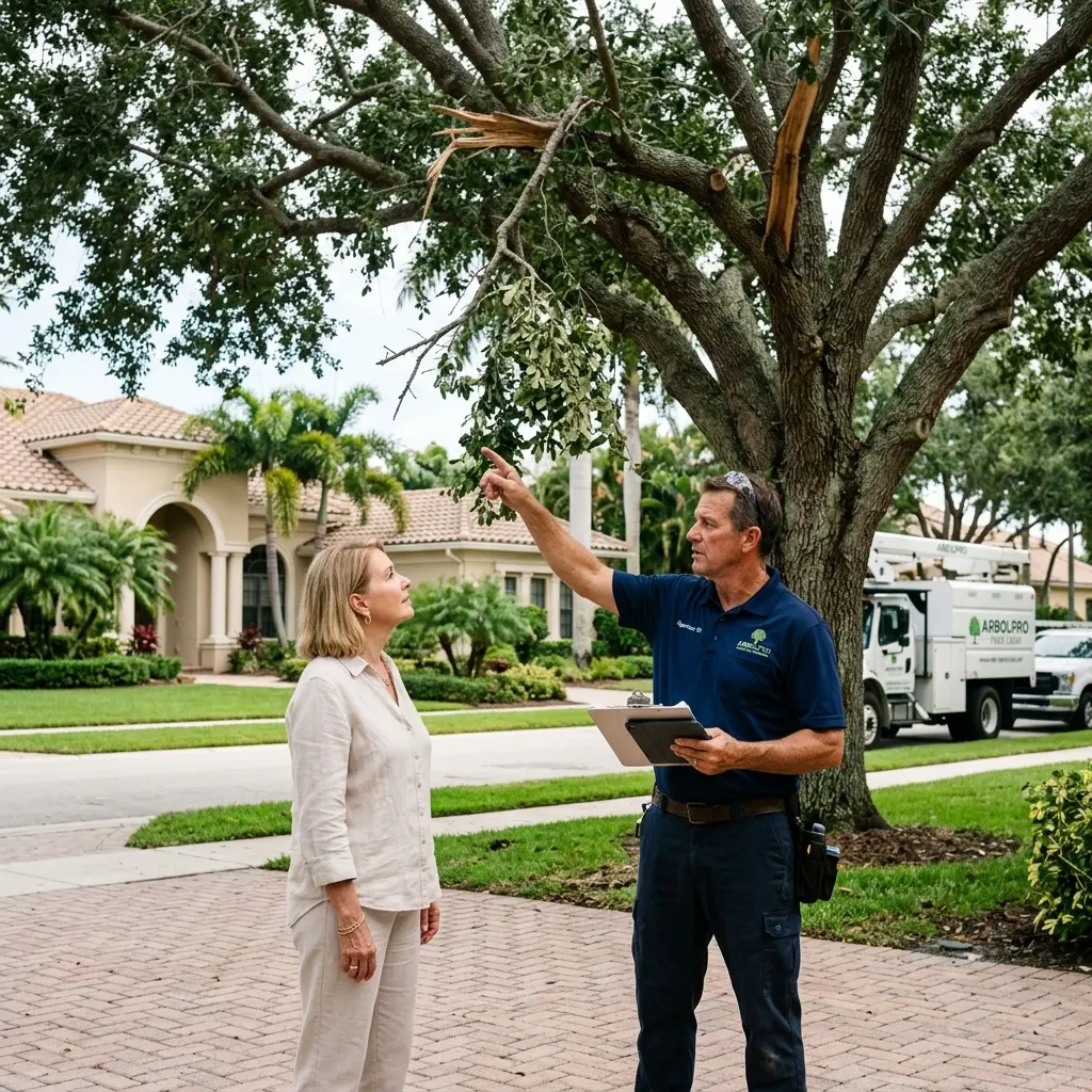Professional storm damaged tree assessment at a residential property in Palm Beach Gardens Florida