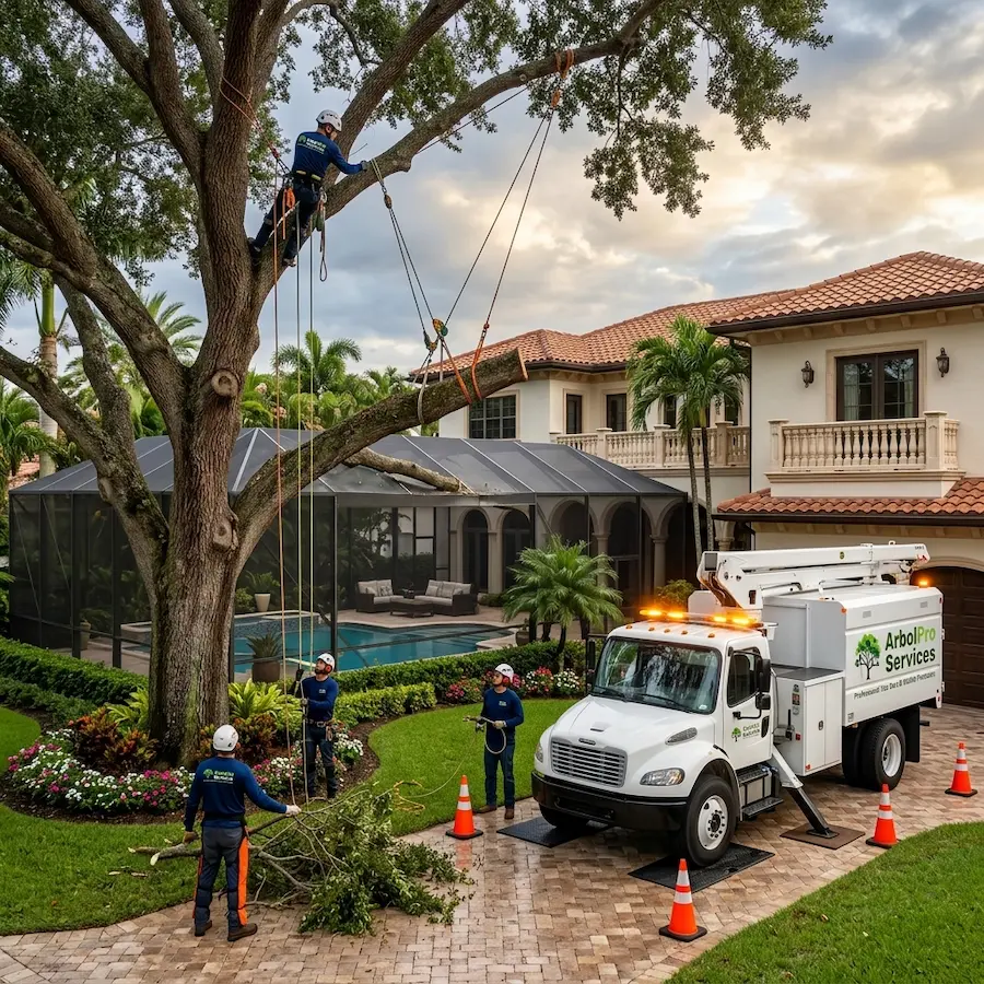 Emergency tree removal from pool cage Boca Raton FL luxury estate ArbolPro