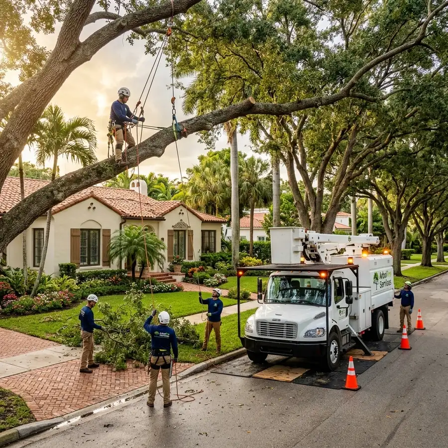 Emergency tree removal from residential roofline El Cid West Palm Beach FL