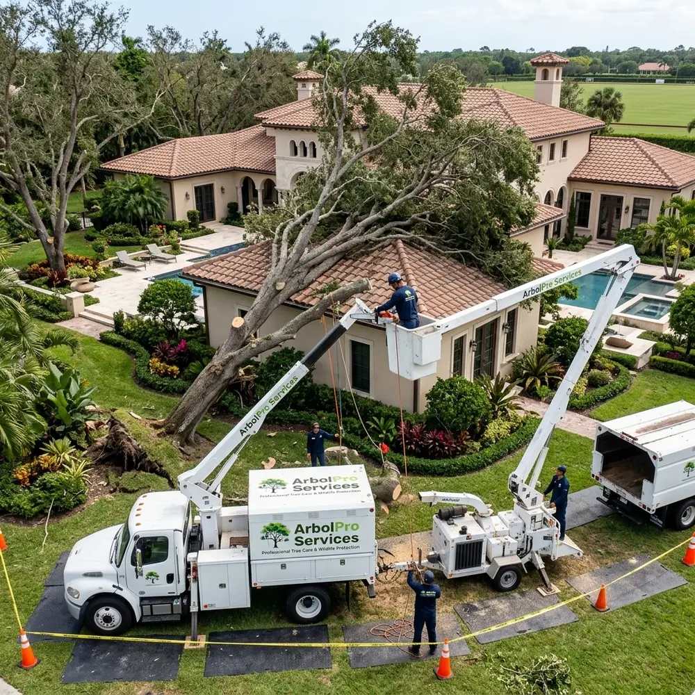 Emergency tree service crew assessing fallen tree Wellington FL equestrian estate