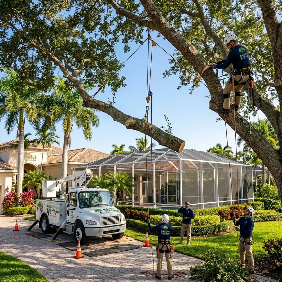 Hazard branch removal live oak near pool enclosure BallenIsles Palm Beach Gardens