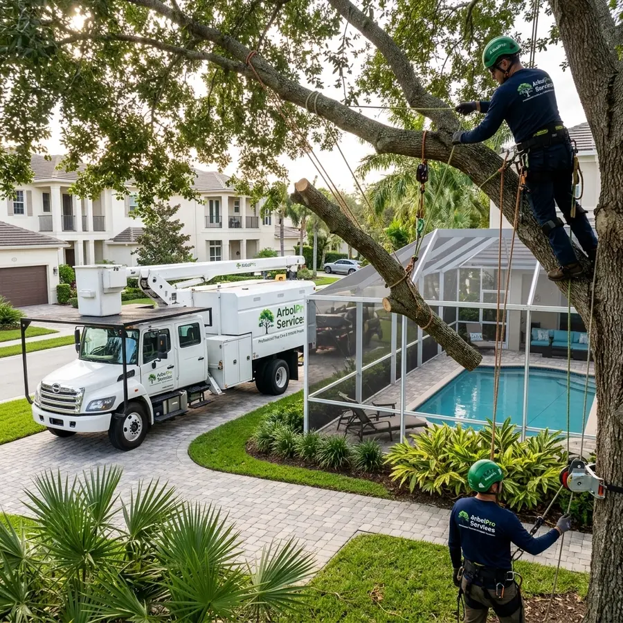 Hazardous limb removal over pool cage Wellington FL HOA community