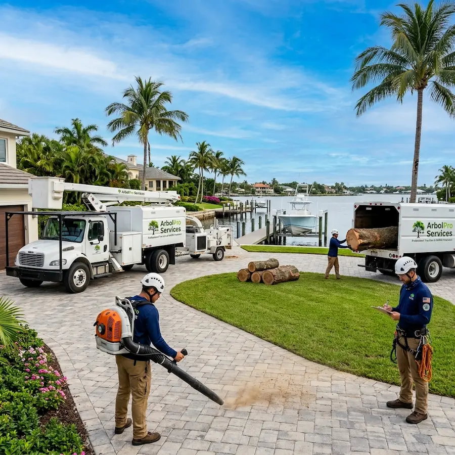 Large oak tree removal near dock infrastructure Admirals Cove Jupiter Florida