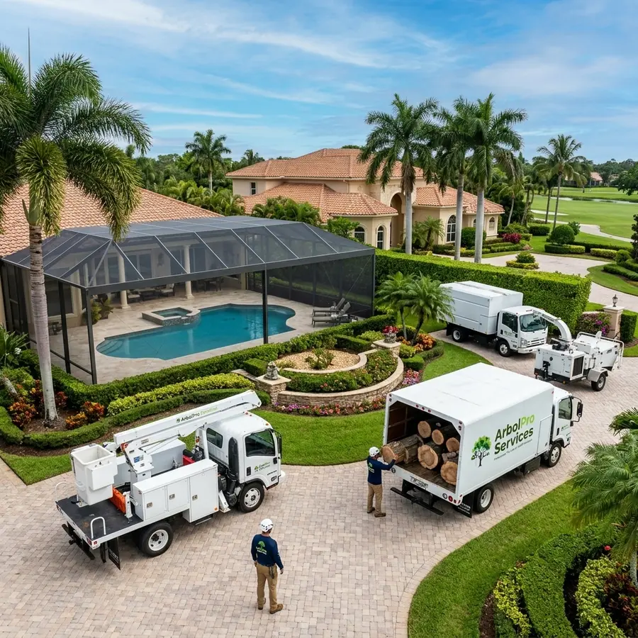 Large oak tree removal near pool enclosure Hunters Run Country Club Boynton Beach FL
