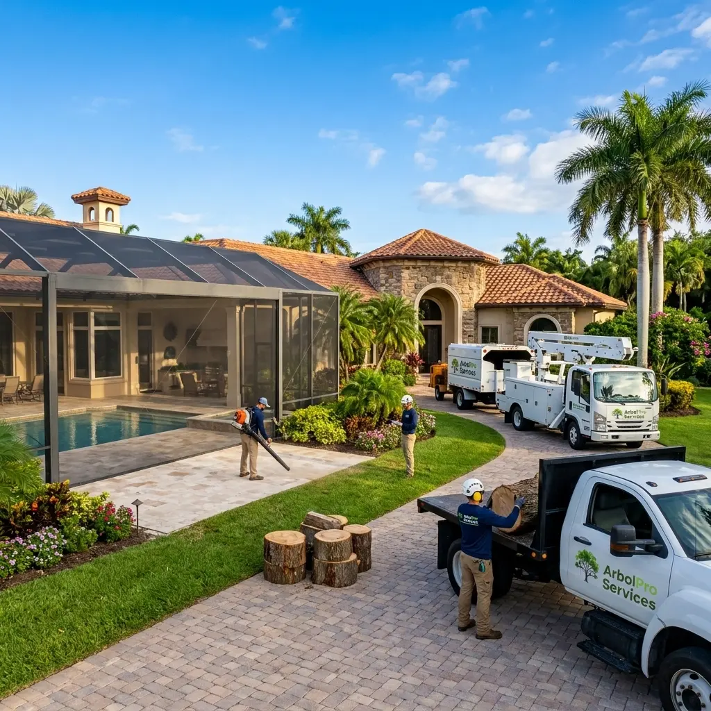 Large oak tree removal near pool enclosure The Sanctuary Boca Raton Florida