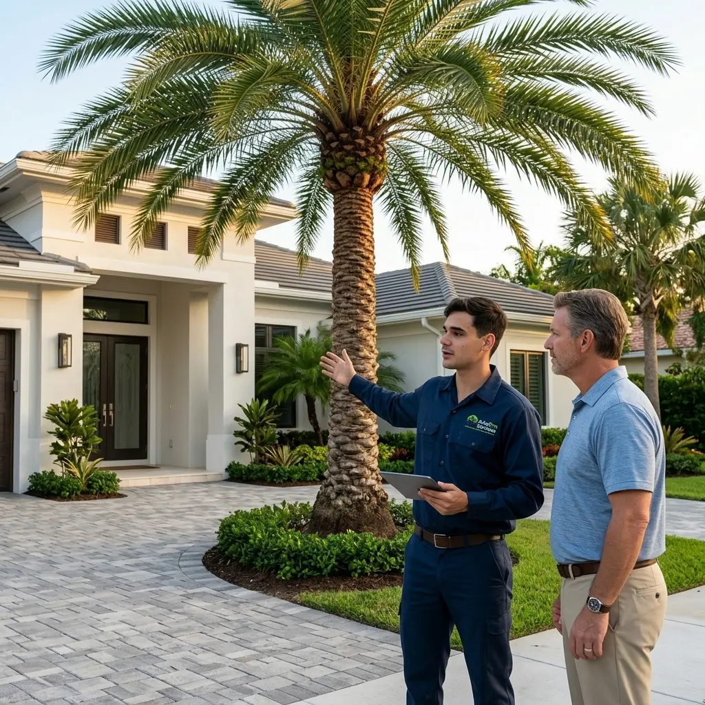 Professional palm tree removal assessment at a residential property in Palm Beach Gardens Florida