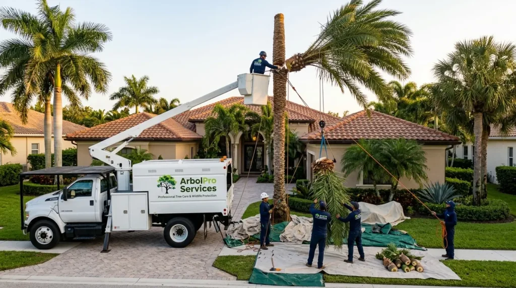 Professional palm tree removal service at a residential property in Palm Beach Gardens Florida