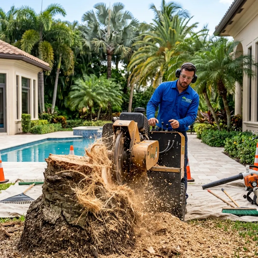 Palm tree stump grinding service on a residential property in Palm Beach County Florida