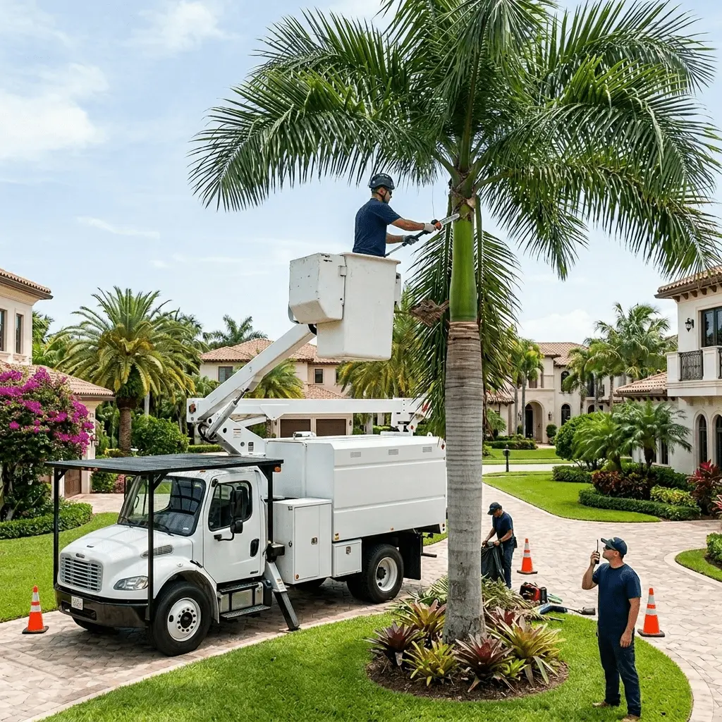 Professional palm tree trimming following industry standards in Palm Beach County Florida.