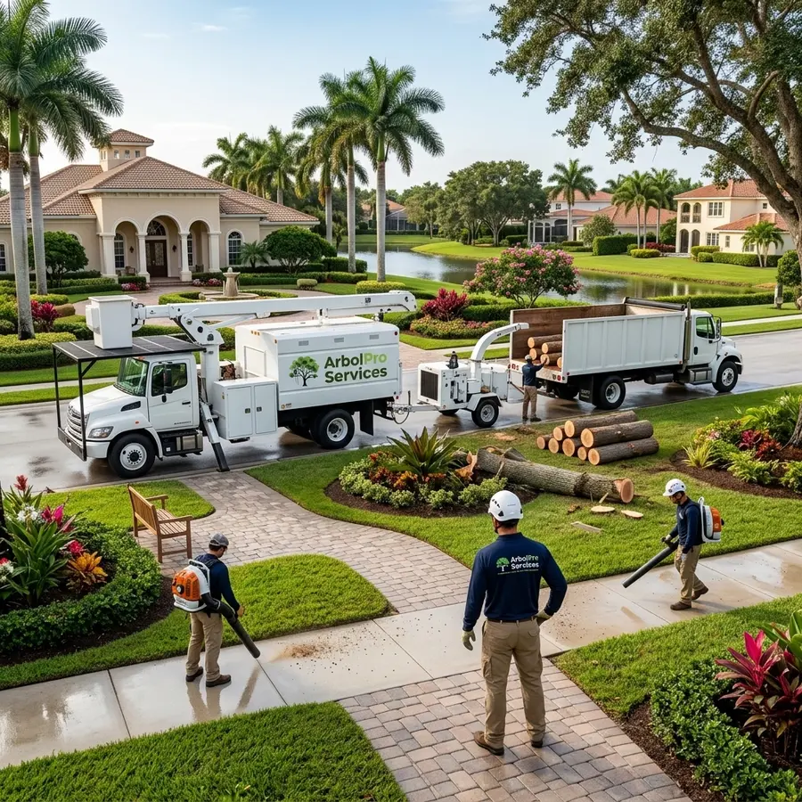 Post-storm tree removal community common area Rainberry Bay Delray Beach FL
