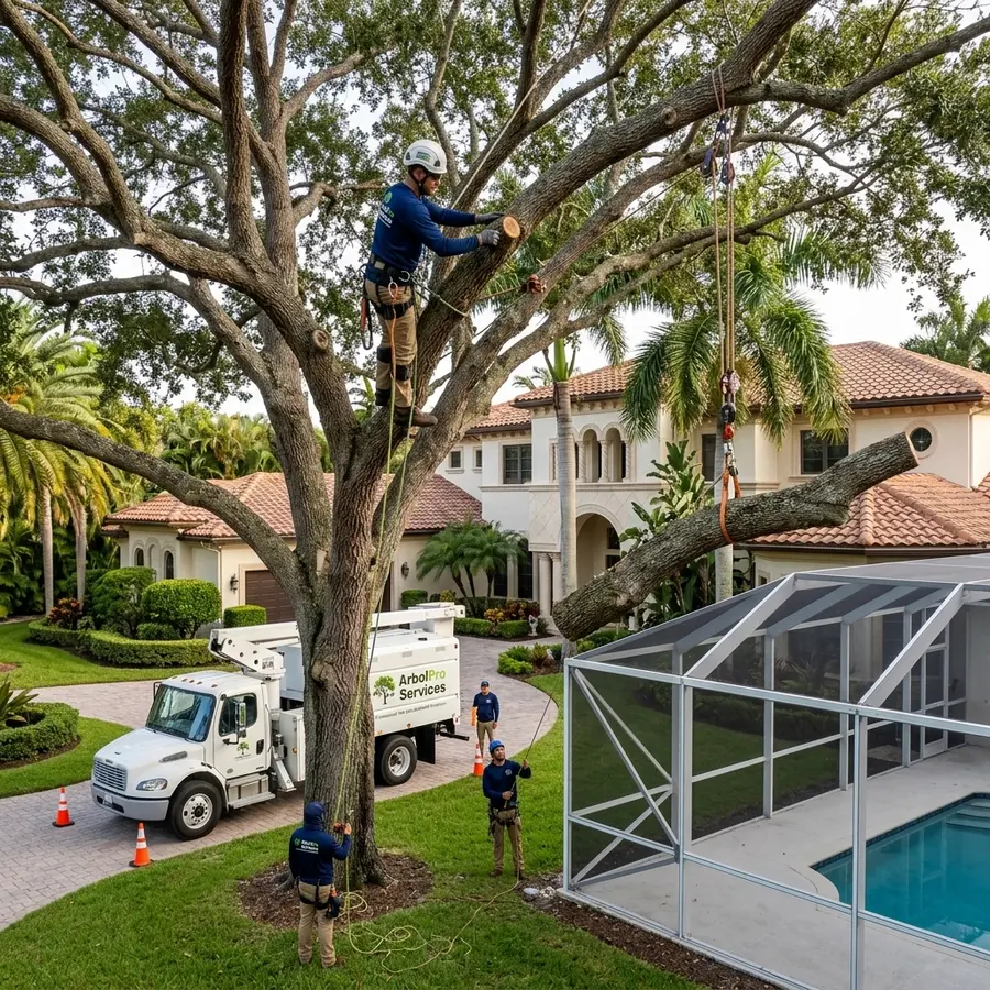 Structural pruning co-dominant stem removal live oak pool enclosure Boca Raton FL