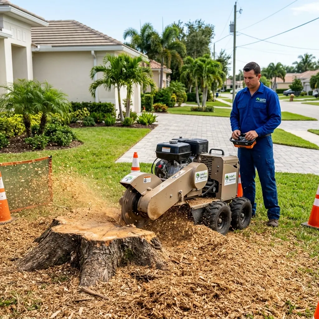 Professional stump grinding process on a residential property in Palm Beach County Florida
