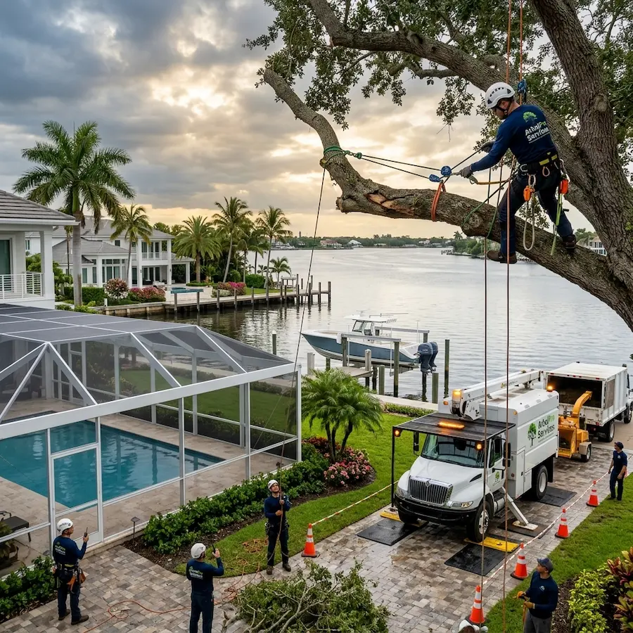 Suspended limb removal pool cage Jupiter FL waterfront property salt damaged tree