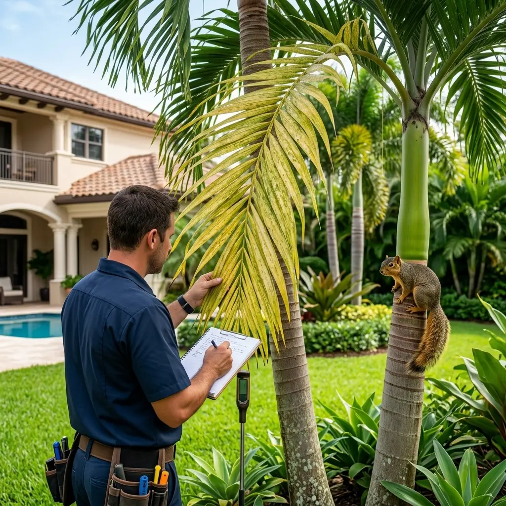 Yellowing palm tree showing nutrient deficiency symptoms in Palm Beach County Florida.