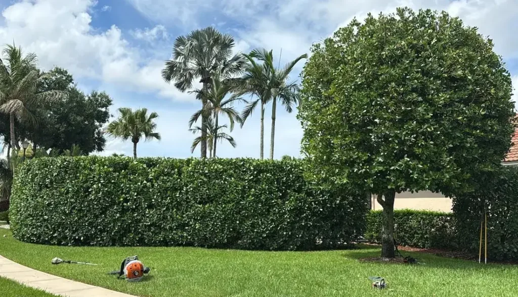 Tree Service Projects Professional crew performing precision Clusia hedge trimming and canopy shaping on a mature tree at a residential property in Wellington, Florida.